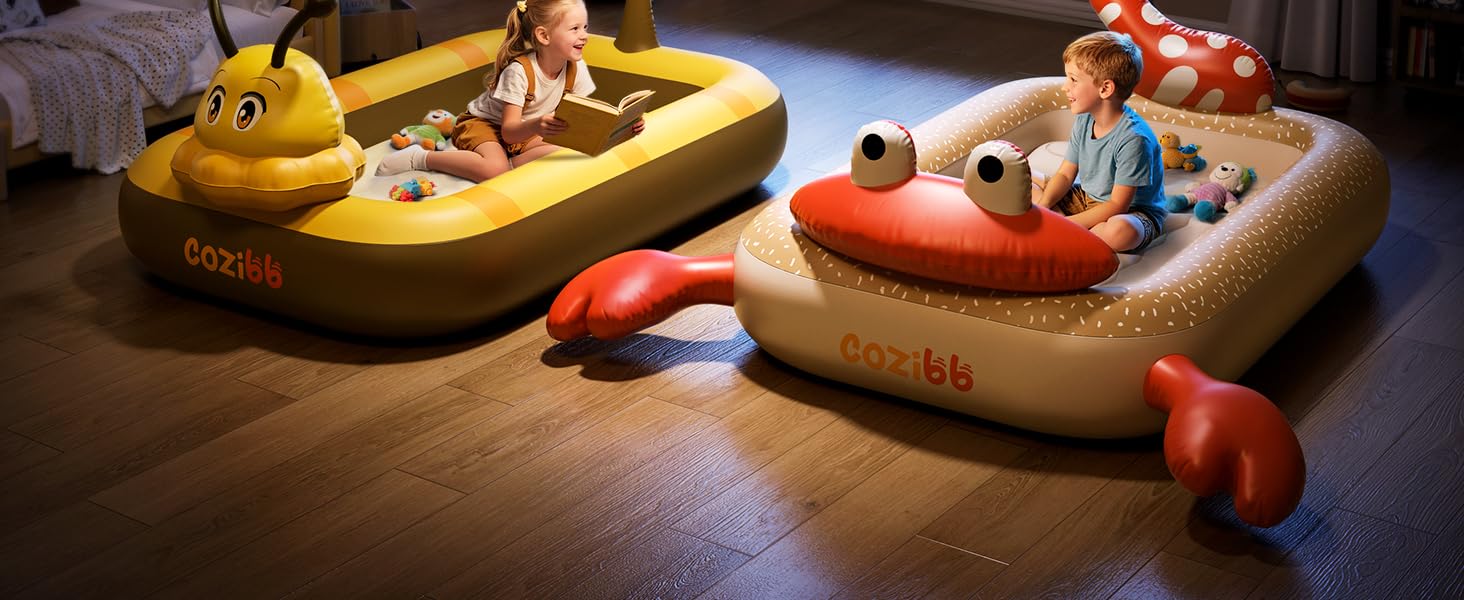 CoziBB Inflatable Toddler Travel Bed, Portable Travel Bed with Flocked Mattress, Built-in Pillow & Carry Bag, 4 Side Safety Bumpers for Toddlers