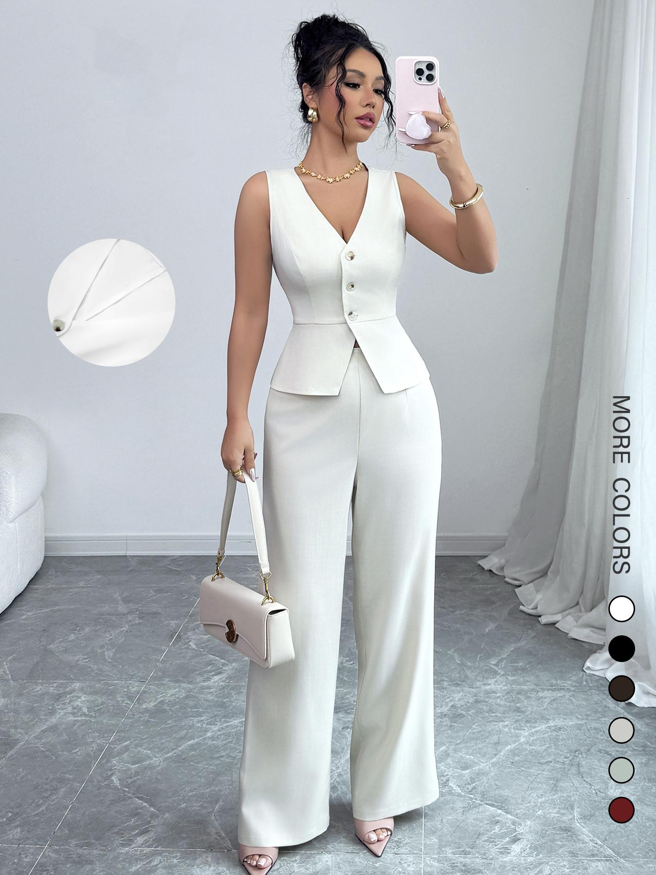 Elegant Women's V Neck Sleeveless Bodycon Vest & High Waist Pants Set, Spring Summer Fashion Two-Piece, Slim Fit Casual Wear