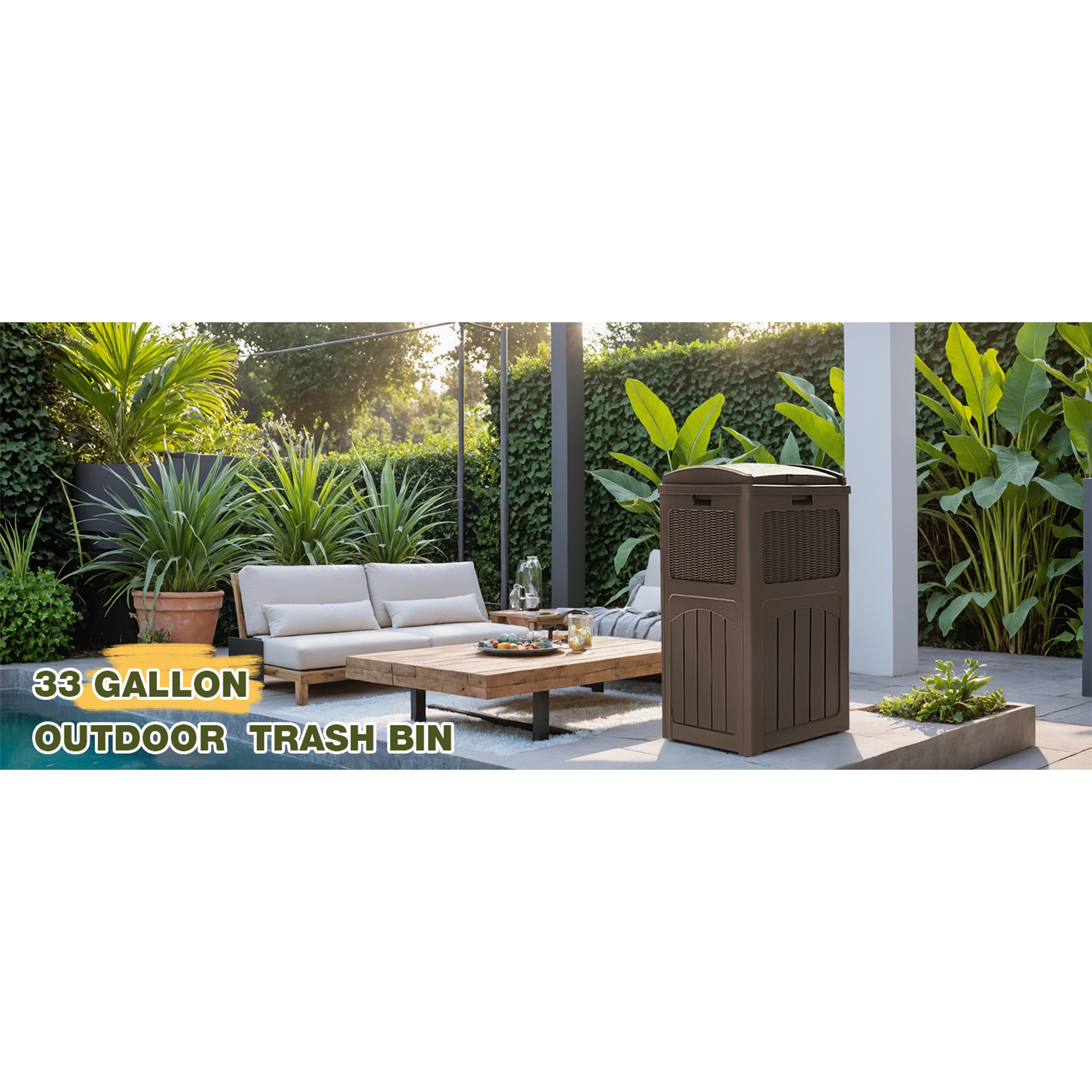 33 Gallon Outdoor Trash Can, Hideaway Garbage Bins with Tiered Lid, Waterproof Resin Outside Waste Bins for Patio, Outside Pool, Backyard and Deck(1, Deep Brown)