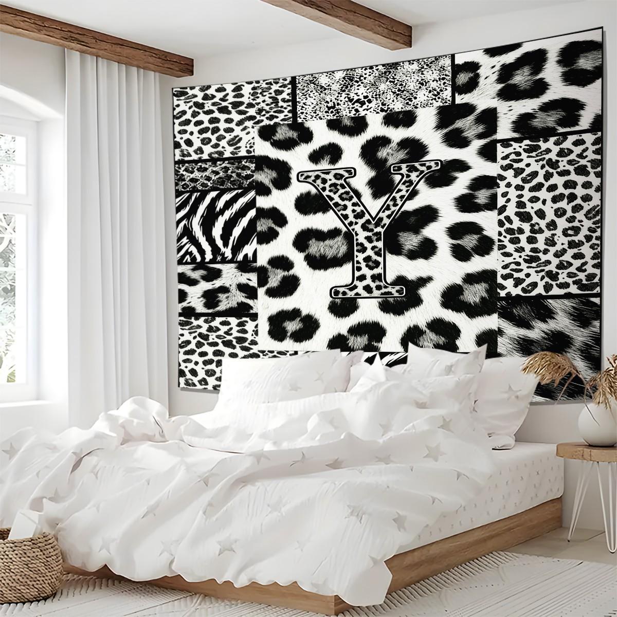 Personalized Initial Wall Tapestry, Retro Leopard Print Patchwork, Easy Care Good Shading, Suitable for Living Room Rental Wall Decor