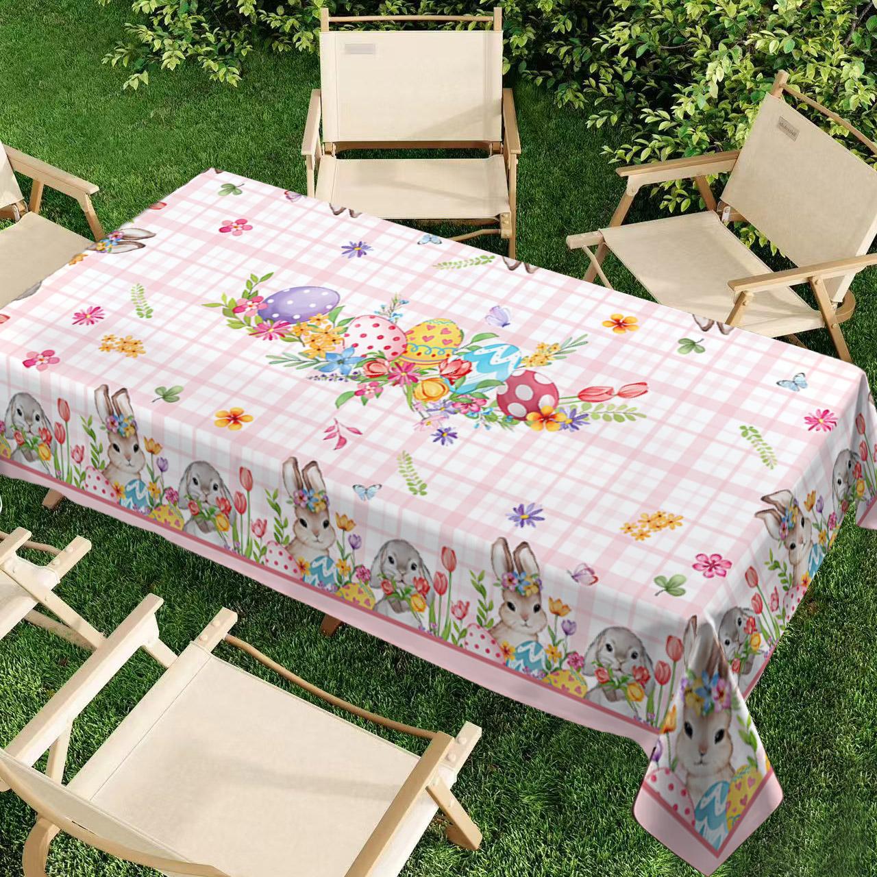 Rectangular Easter Tablecloth, Cartoon Rabbit & Egg Design, Spring/summer Floral Pattern, Perfect for Holiday/easter Decorations, Picnic Table Cover