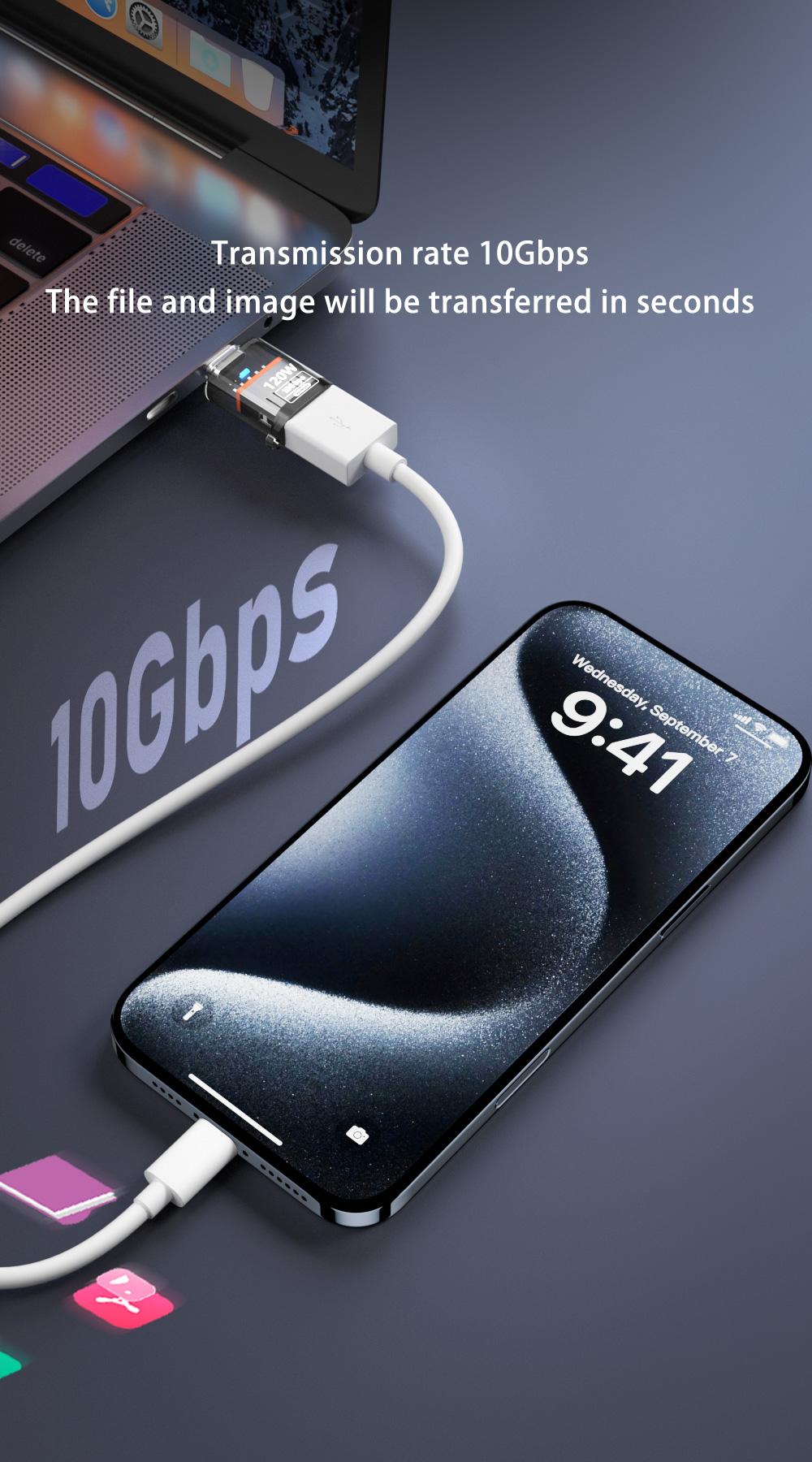 NNBILI 120W USB3.2/Gen2 Adapter Type C to USB Data Transfer OTG Adapter for iphone15 16 Samsung Mobile Phone Converter