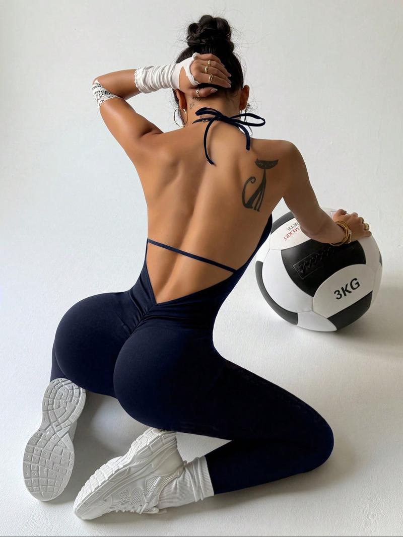 Women's Sexy Backless Halter Jumpsuit, High Elastic Breathable Fabric Jumpsuit, Removable Chest Pad, Stylish Activewear for Fitness, Sporty Jumpsuit, Ruched Sports Jumpsuit, Sporty Comfy Jumpsuit
