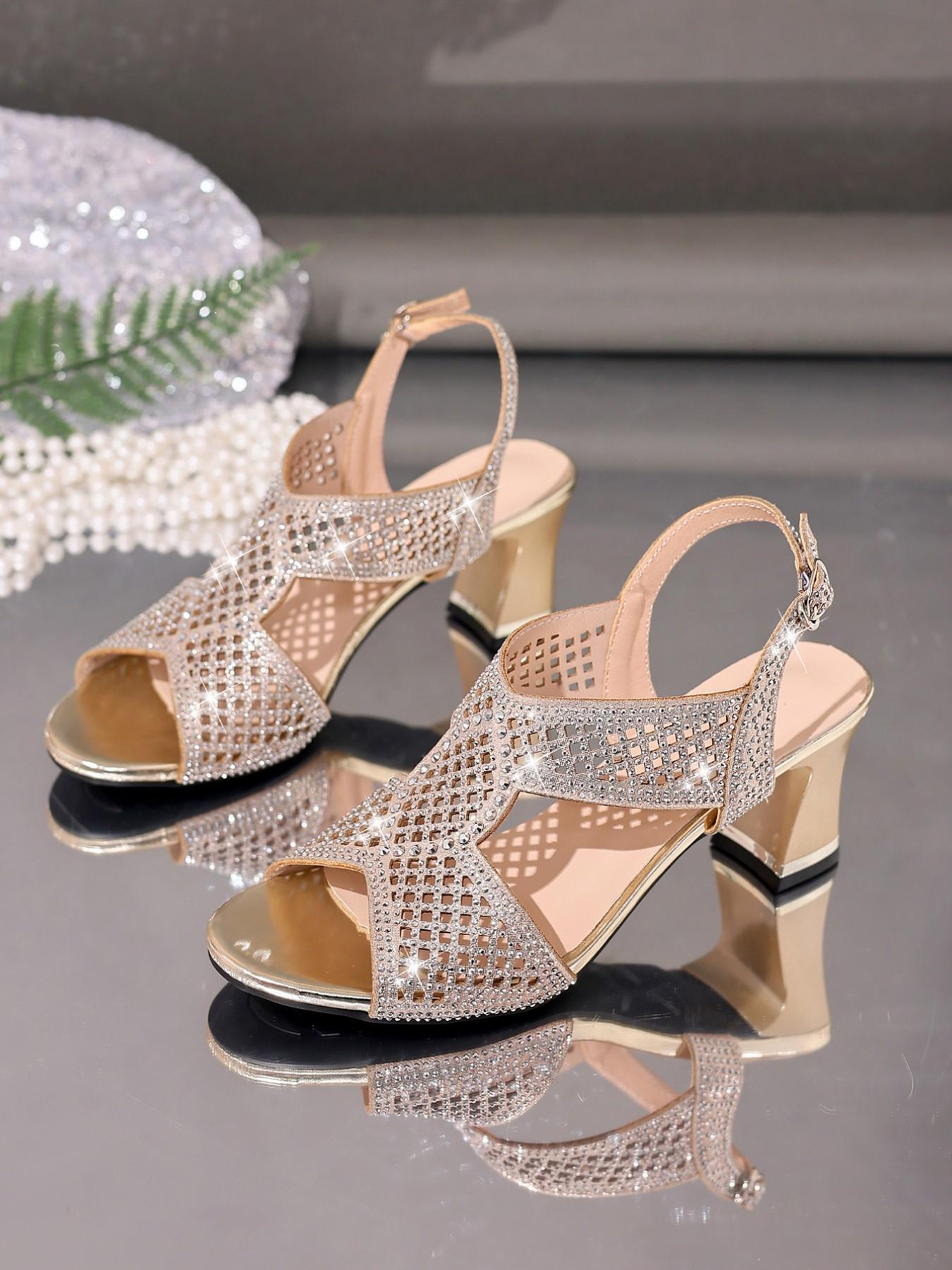 Elegant Women's High Heel Sandals, Rhinestone Hollow Out Open Toe Round Head Design, Comfortable Versatile for Parties, Office, Events