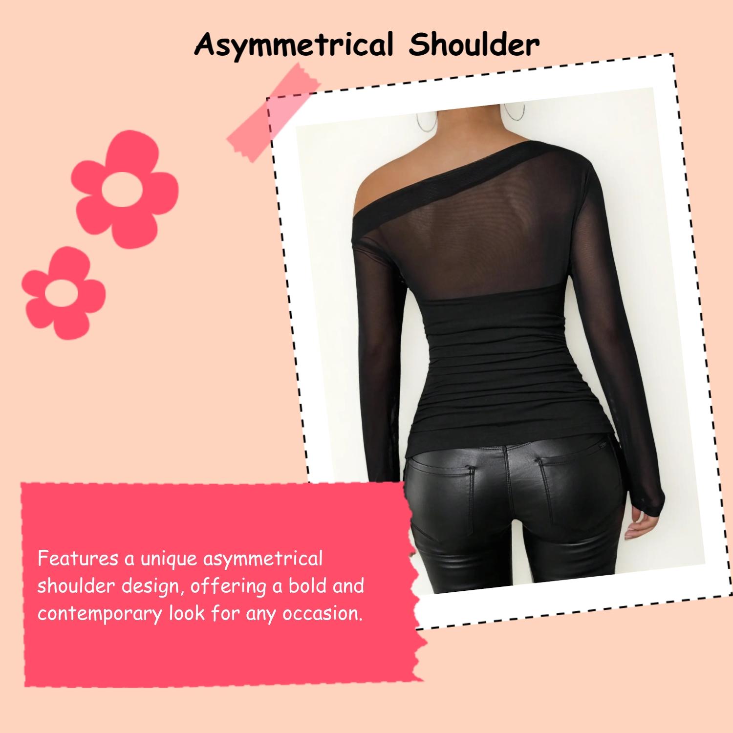 Women's Sexy Sheer Mesh Patchwork Asymmetrical Shoulder Long Sleeve Slim Fit T-Shirt, Stylish Casual Top for Daily Wear