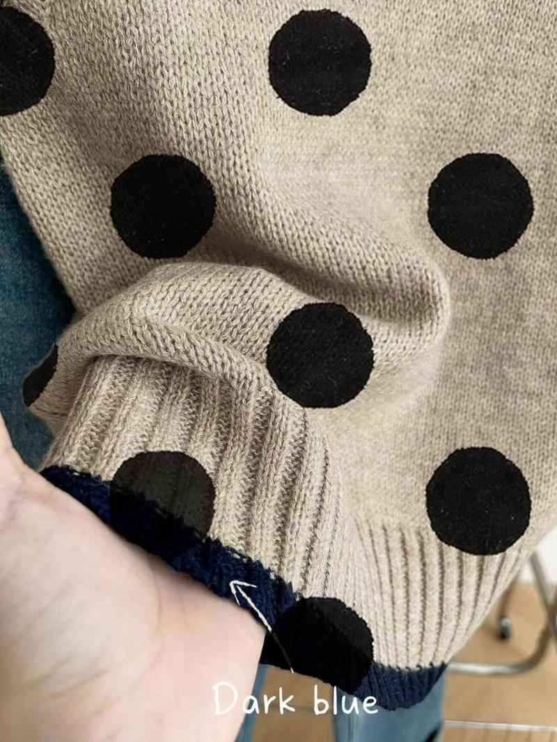 Women's Casual Loose-Fitting Round Neck Sleeveless Knit Top, Colorblock Deep Blue Edge Polka Dot, Spring Summer Fall Outerwear