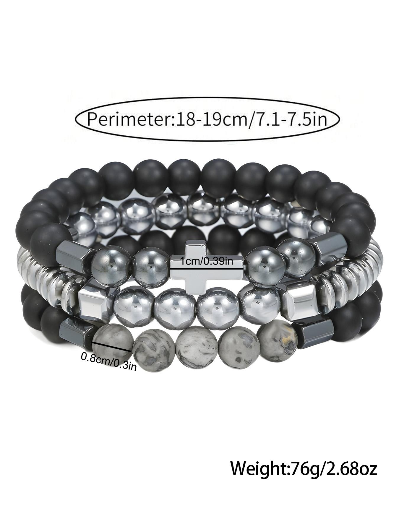 Men's Stainless Steel Cross Pendant Bracelet Set, Casual Beaded Design, Agate Stone, Perfect for Daily Wear & Parties