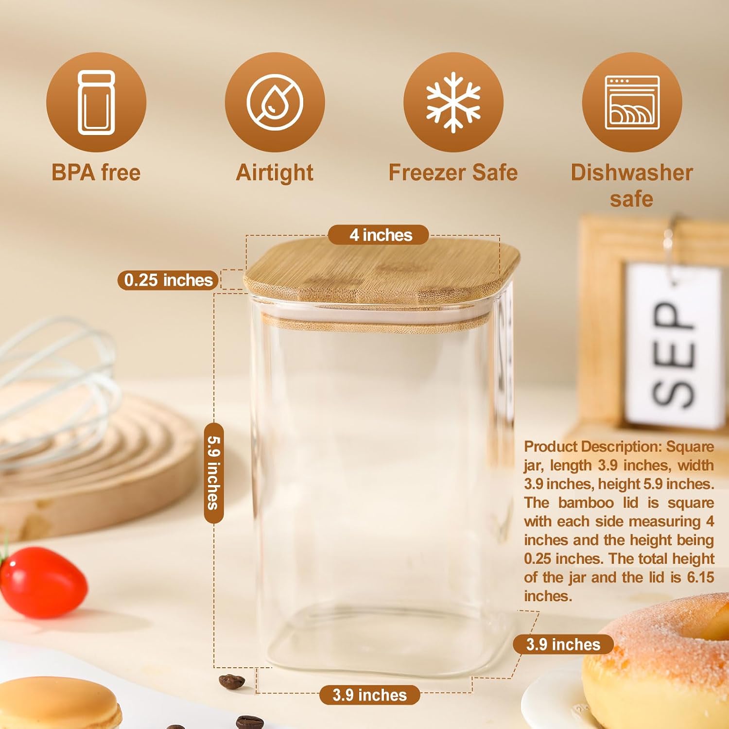 Square-3pcs-32 oz Kitchen Glass Containers with Lids - Airtight Seal Home Storage Canisters, Elegant Candy Jars for Coffee, Sugar, Flour, Spices