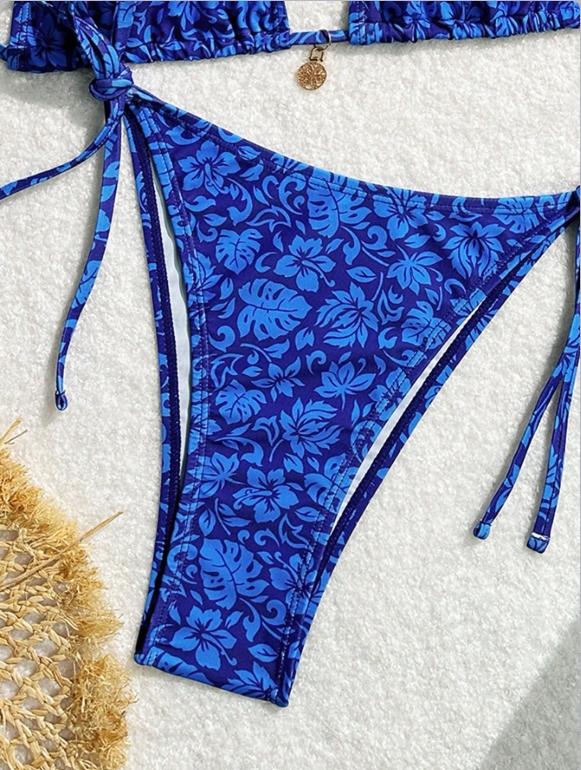Women's Blue Textured Triangle Bikini Set, Halter Neck Tie Design, Sleeveless Thong Bottoms, Perfect for Beach Vacation & Pool, Floral Bikini Bottom