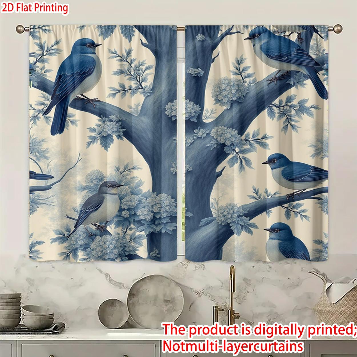 2 pieces, 2D flat printing, polyester materialBlue Birds Perched on TreePatterned print, light-filtering curtains, suitable for decorating bedrooms, living rooms, and other settings; features a rod pocket design for easy rod installation.
