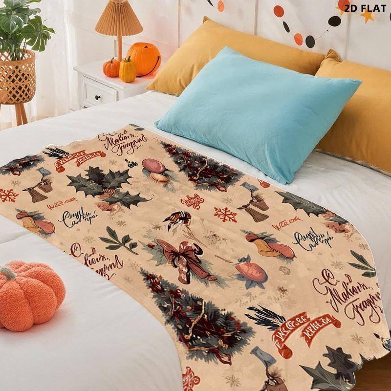 Vintage Christmas Themed Throw Blanket, Single - Sided Printed, Multiple Specifications Available, Warm Tones Design with Christmas Trees, Holly Leaves, Red Bows & Snowflakes, Ideal for Holiday Decor & Napping, Festive Greeting Style Pattern