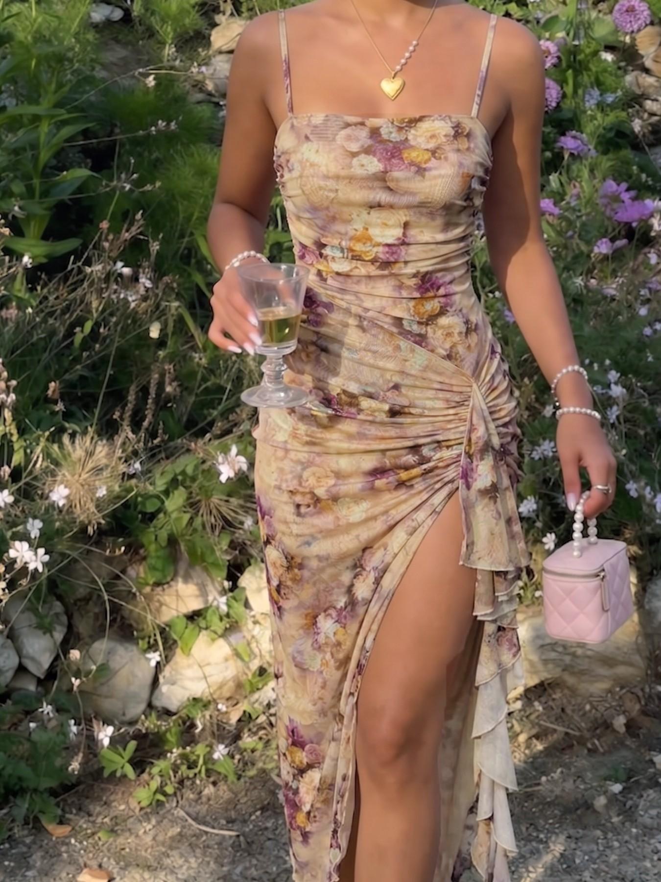 Women's Floral Print Ruched Asymmetrical Hem Dress, Elegant Off-Shoulder Design, Perfect for Summer Events and Casual Outing