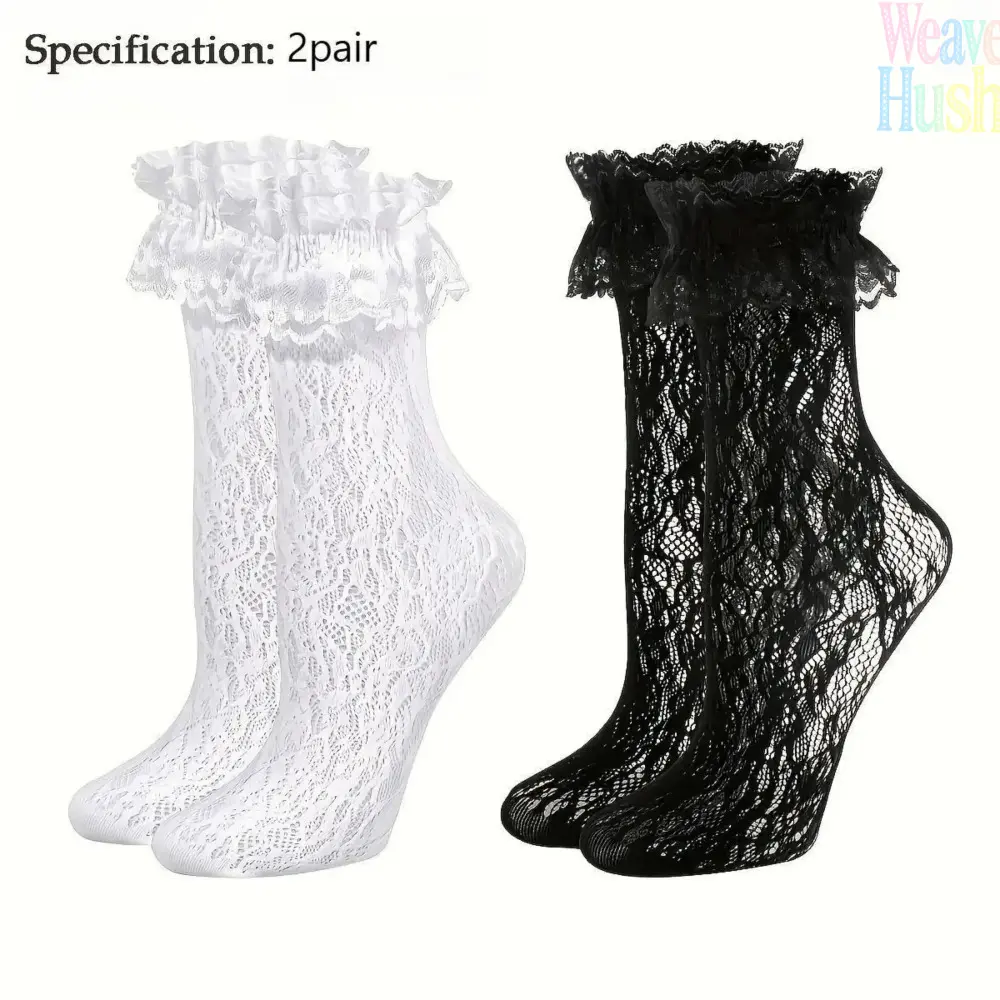 2Pairs Y2K Frilly Lace Crew Socks, Black White Aesthetic Knee High Socks, Light Breathable Casual Coquette Balletcore Accessory, Stylish Footwear For Spring Summer Daily Outfit Matching