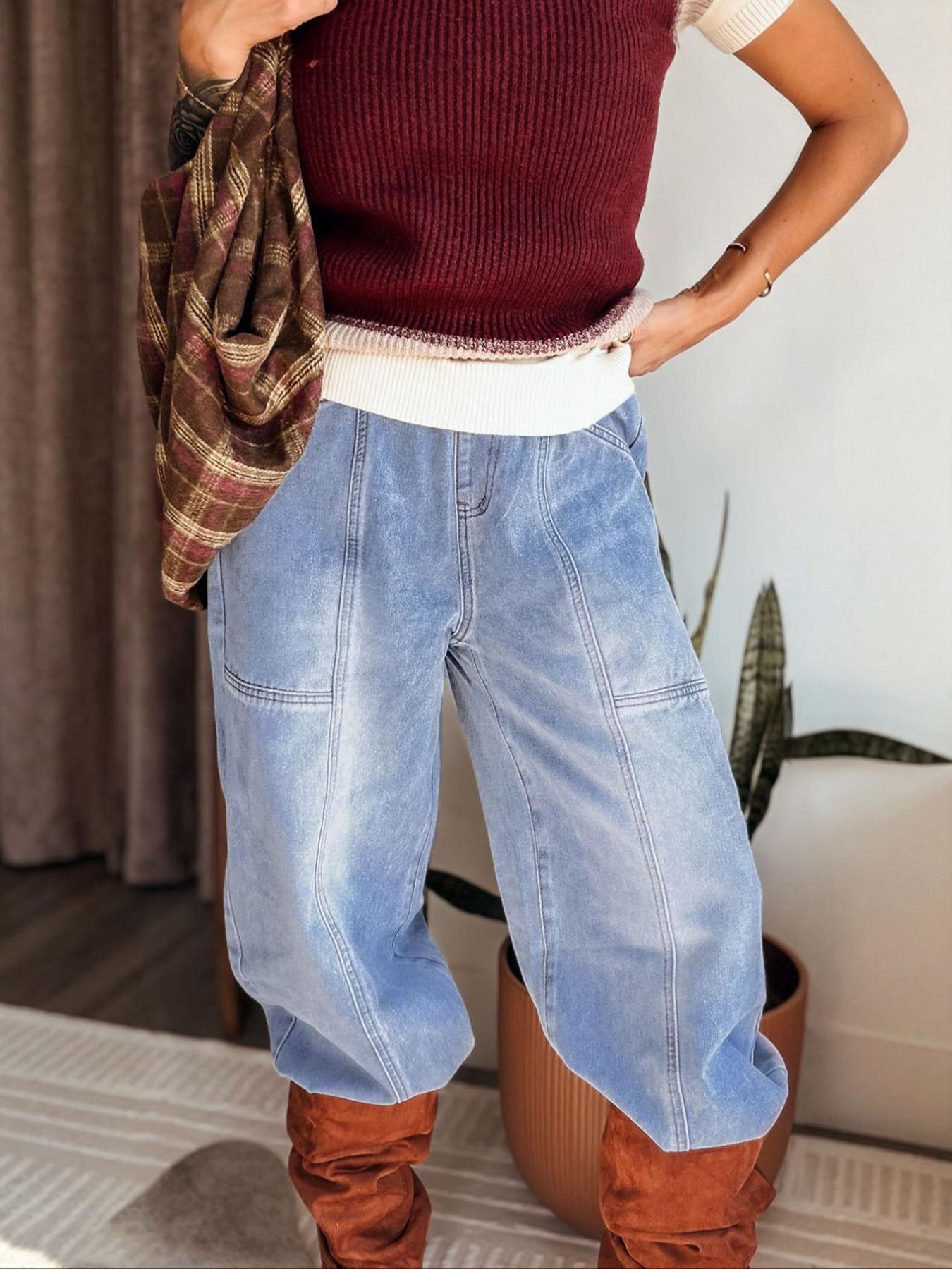 【The Stevie - Katrina's Exclusive】Women's Washed Elastic Waist Denim Pants, Casual Loose-Fit Pockets Jeans, Vintage Bottoms for Commute, Outdoor Activities & Daily Wear, Streetwear, Womenswear, TChic