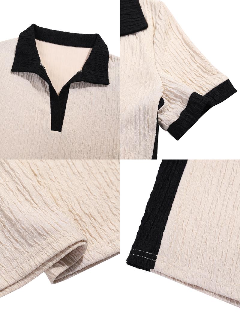 Aliling Women's Elegant Patchwork Midi Dress, Short Sleeve Fitted Casual Boho Elegant Style, All Seasons Fashion, Plain Color, Long Bodycon Design