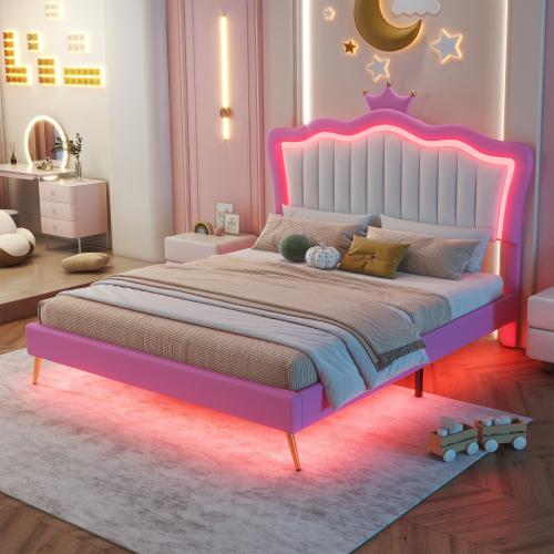 [Bellemave]Twin/Full Size Upholstered Bed Frame with LED Lights, Modern Upholstered Princess Bed with Crown Headboard, 2 Drawers, Pink+White