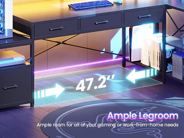 SEDETA 59Inch L Shaped Gaming Desk with PC Display Stand, Reversible Computer Desk with Storage Shelves, 4 Drawer & LED Lights, Modern Gamer Desk Table with Power Outlet, Monitor Stand