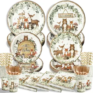 300Pcs Woodland Baby Shower Party Supplies - Serves 50 Guests, Safari Jungle Animal Party Decorations Include Plates and Napkins, Cups, Straws, Forks