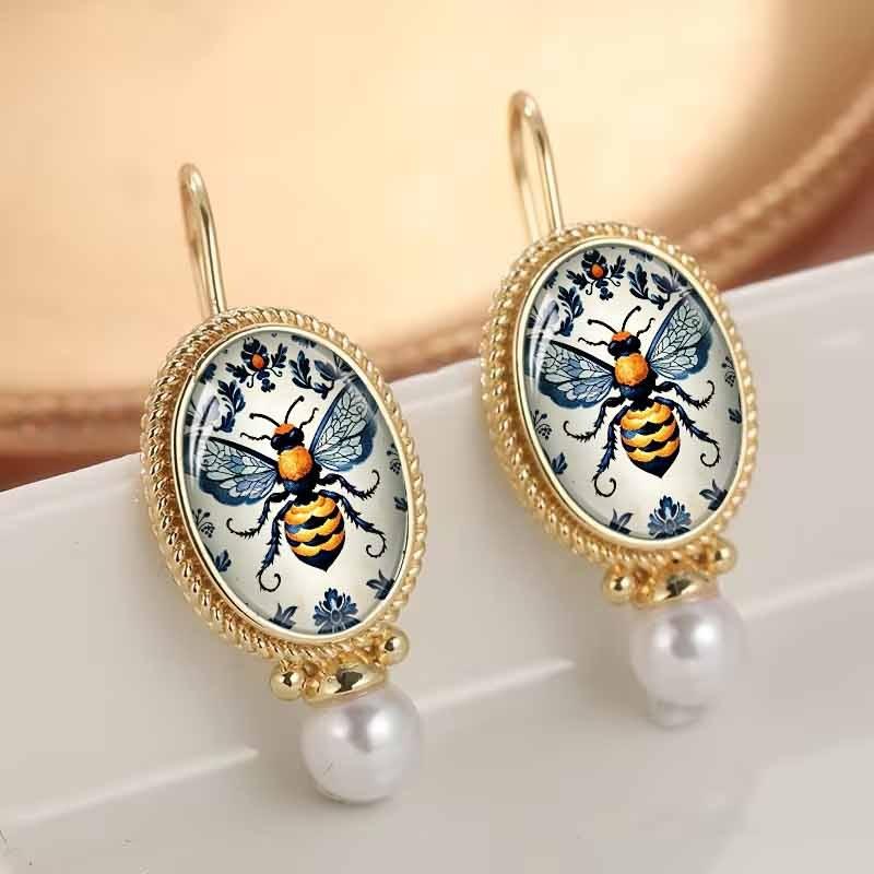 Vintage Bee Illustration Print Earrings, Elegant French European Style All-Match Drop Ear Jewelry for Women