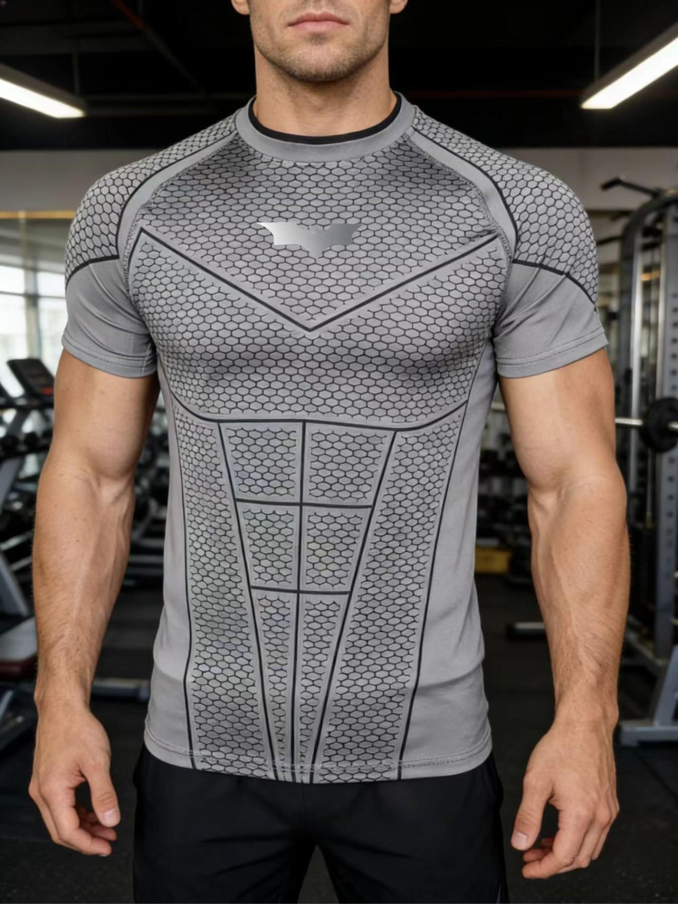 Men's Batman Compression Sports Shirt, Short Sleeve Workout Top, Quick-Dry Moisture-Wicking, Breathable, Ideal for Fitness Training