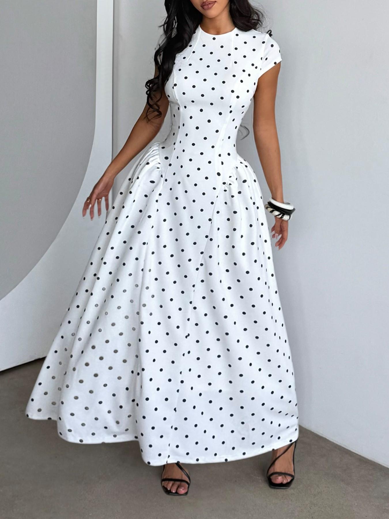 White Polka Dot Cap Sleeve Maxi Dress Women Round Neck A-Line Full Skirt Elegant Boho Formal Party Dress Wedding Guest Outfit Summer Going Out Fashion, Wedding Guest Dresses, Womenswear