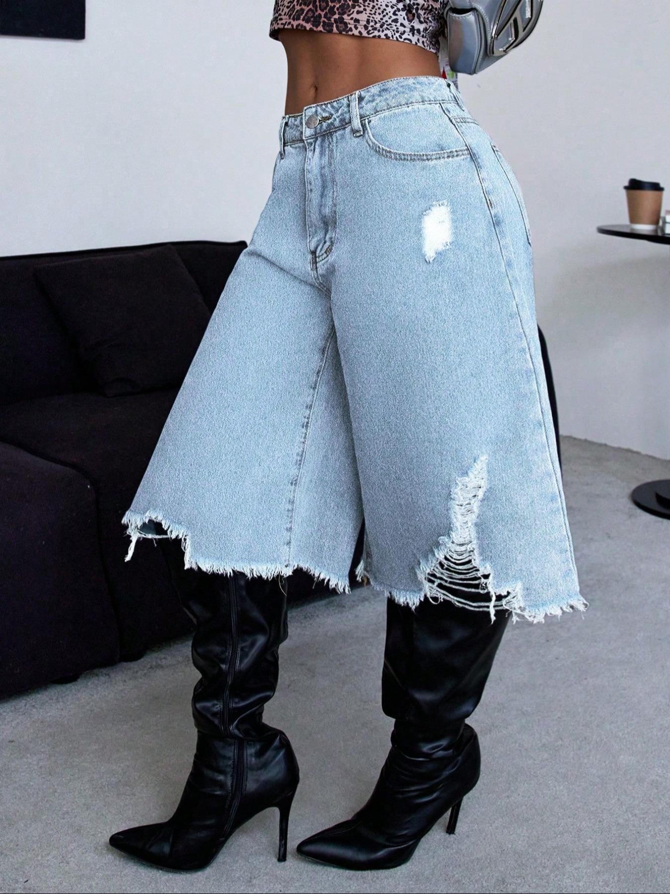 Women's High Waist Ripped Denim Shorts Button, Vintage Wash Design, Pockets, Casual Beach Wear, Multifunctional Fashion Item