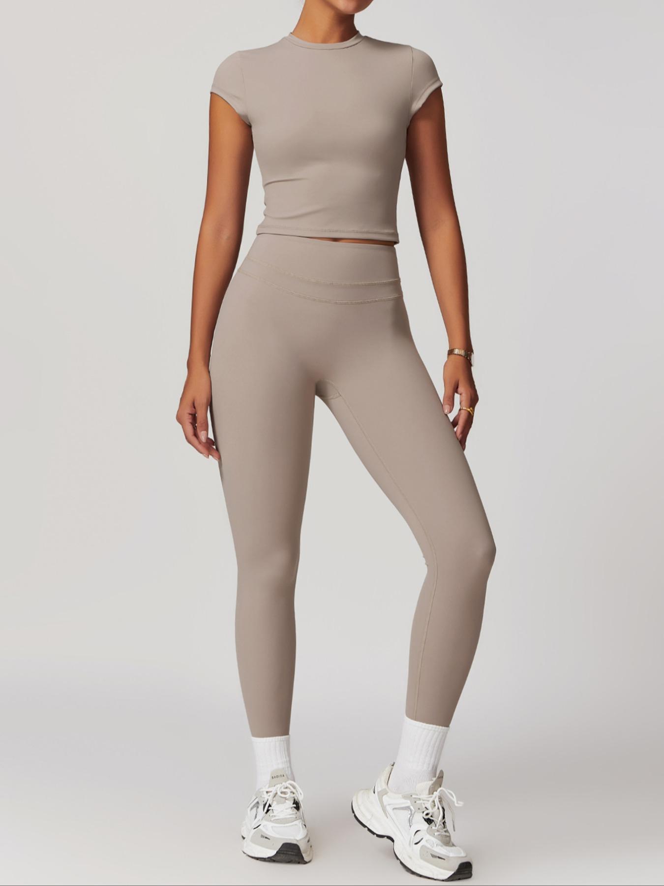 Women's Sportswear Two-Piece Set, Autumn Outdoor Fitness Running Top & High-Waisted Pants, Solid Color Short Sleeve Yoga, Yoga Tracksuit Set