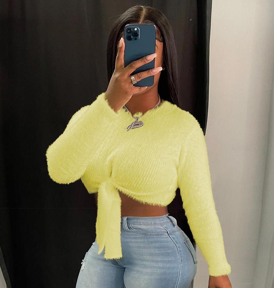 USBoutique Chic Women's Solid Tie Front Crop Plush Sweater, Casual Chic Long Sleeve Round Neck Jumper for Fall & Winter, Fashion Ladies' Tops Knitwear for Daily Wear, Sweaters for Women