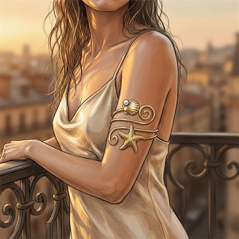 Elegant Starfish and Seashell Open Bangle Bracelet for Women Adjustable Metal Arm Cuff Jewelry Trendy Ocean Inspired Fashion Accessory Summer Beach Style