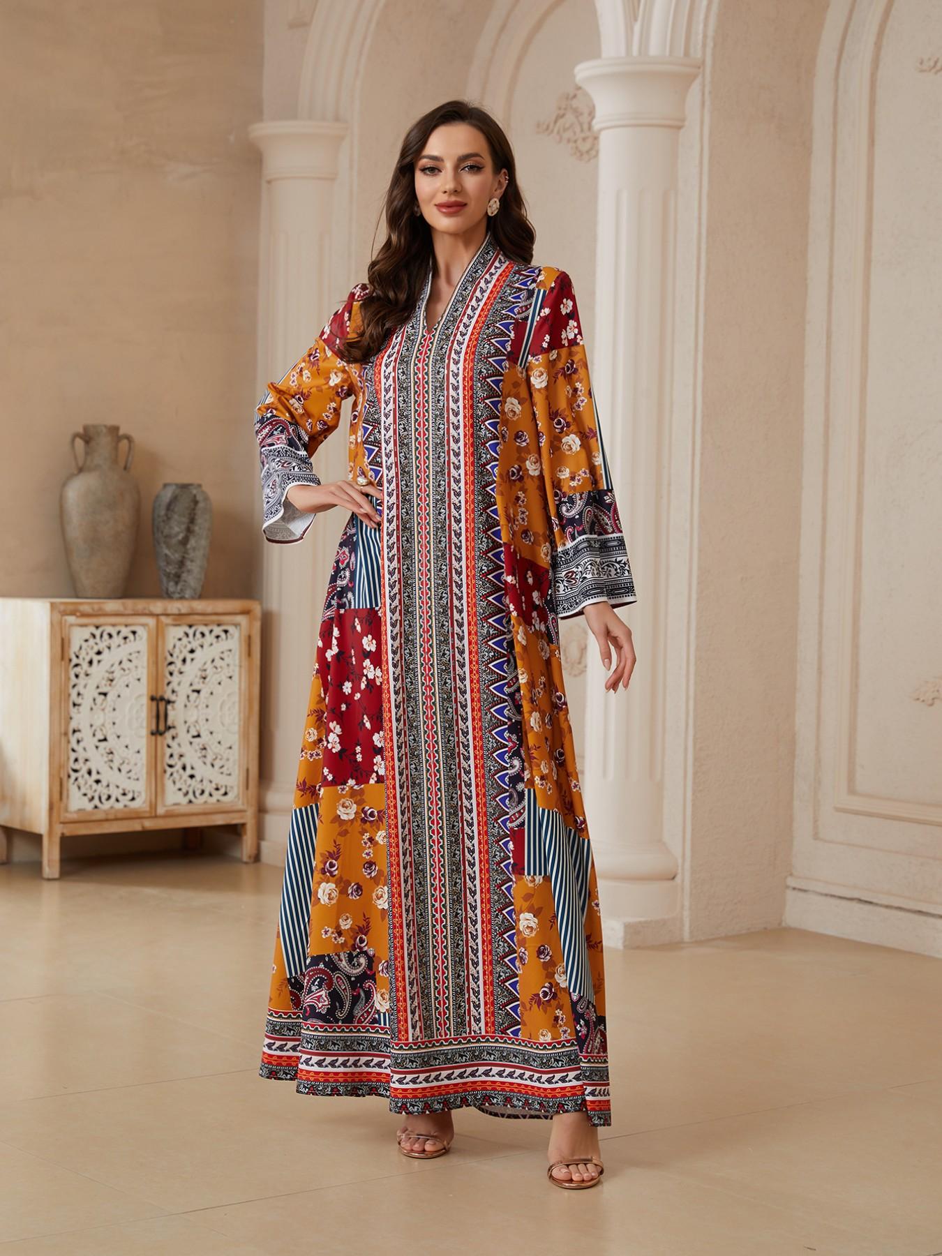 Middle Eastern Ramadan Eid Abaya, Colorblock Floral Cashmere Long Robe, Dubai Style Ethnic Koftan, Traditional Women's Dress