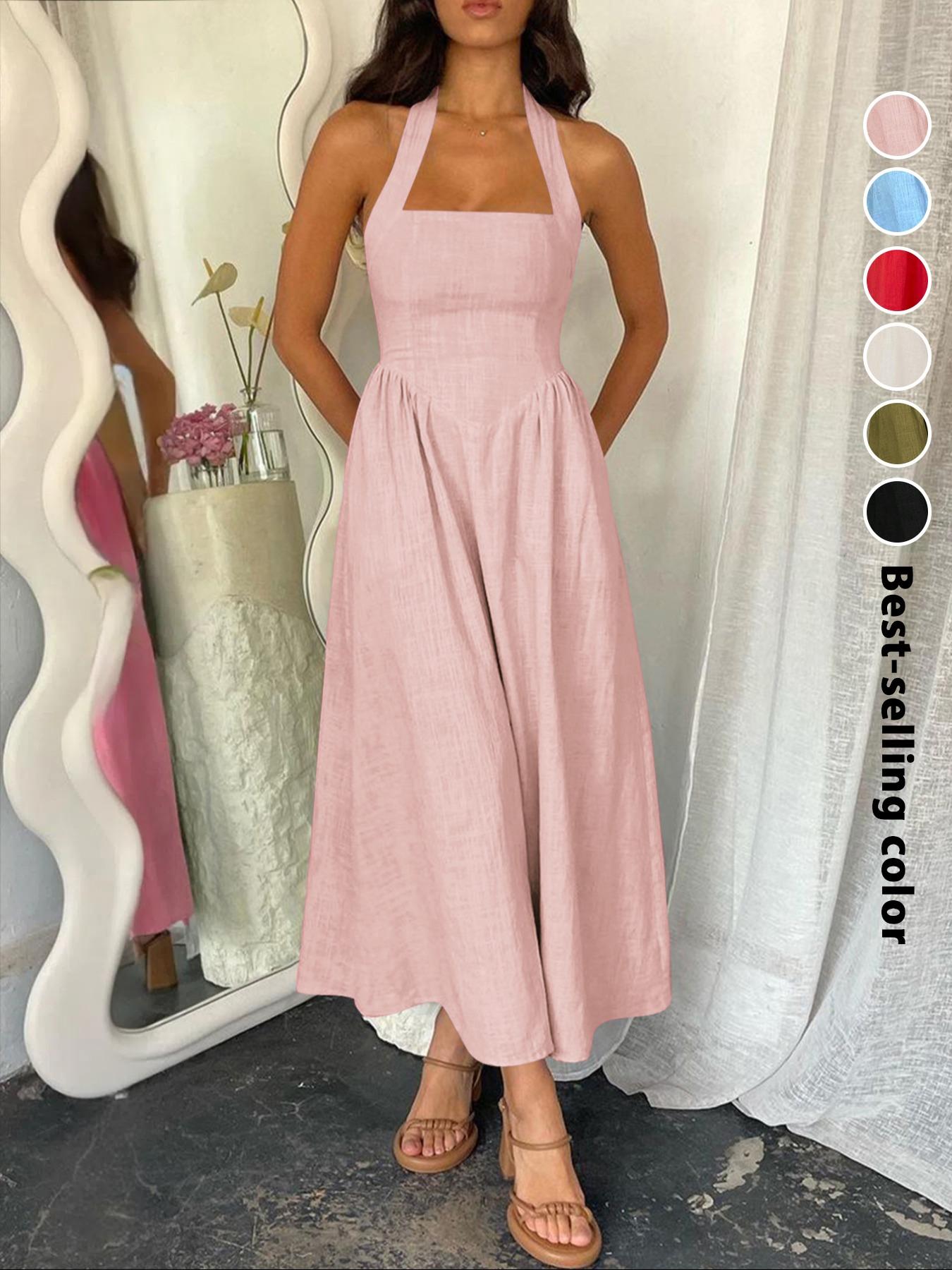 Women's Plain Pocket Zipper Back Dress, Casual Sleeveless Halter Neck A Line Dress for Summer, Ladies Clothes for Beach Holiday, Brunch Dresses, Casual Wear