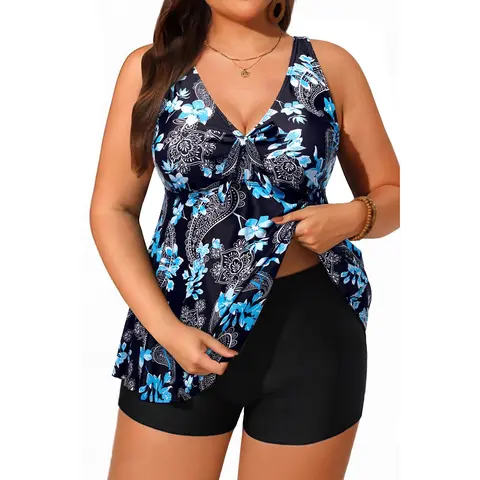 Yonique Women's Plus Size Two-Piece Flyaway Tankini Swimsuit - V-Neck Full Coverage Tank Top, Boy Shorts, Flattering Fit, Tied Bow, Slimming Flare for Beach, Swimming