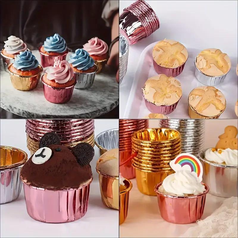 50 Round Cupcake and Muffin Baking Molds, Heat Resistant Aluminum Foil Cups, Bakeware, Perfect for Weddings, Holidays, Parties