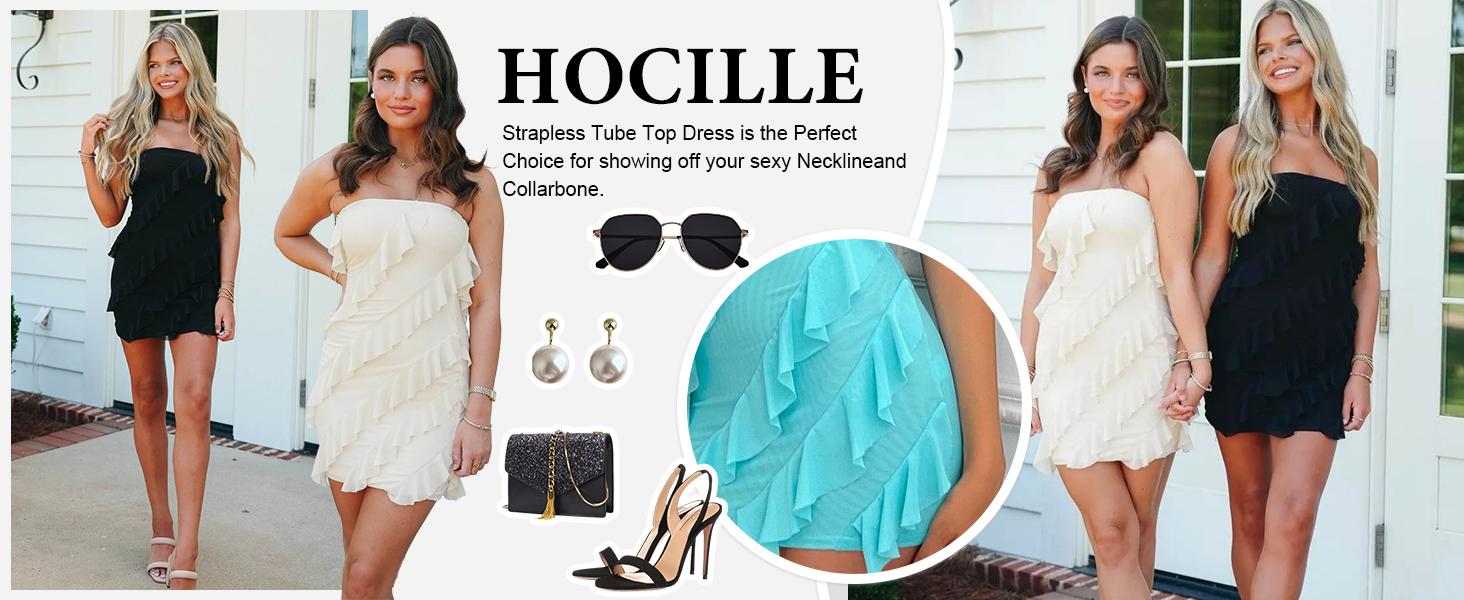 HOCILLE Stretchy Mesh Ruffle Mini Dress - Sexy Strapless Bodycon Spring Date Night Outfit, Tummy Control Snatched Graduation Dress, Elegant Tube Top Party Clubwear for Women 2026 HOCILLE Stretchy Mesh Ruffle Mini Dress - Sexy Strapless Bodycon Spring Date Night Outfit, Tummy Control Snatched Graduation Dress, Elegant Tube Top Party Clubwear for Women 2026
