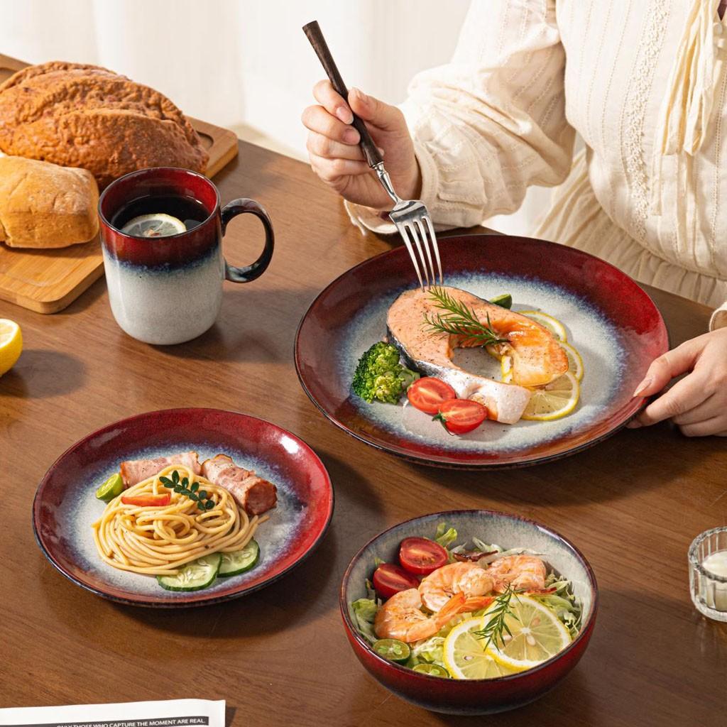 4/8-piece ceramic dinnerware set, Western style, suitable for 1-2 people, kiln-fired ceramic, ink-red, includes steak plate, salad bowl, cup, microwave-safe, machine-washable