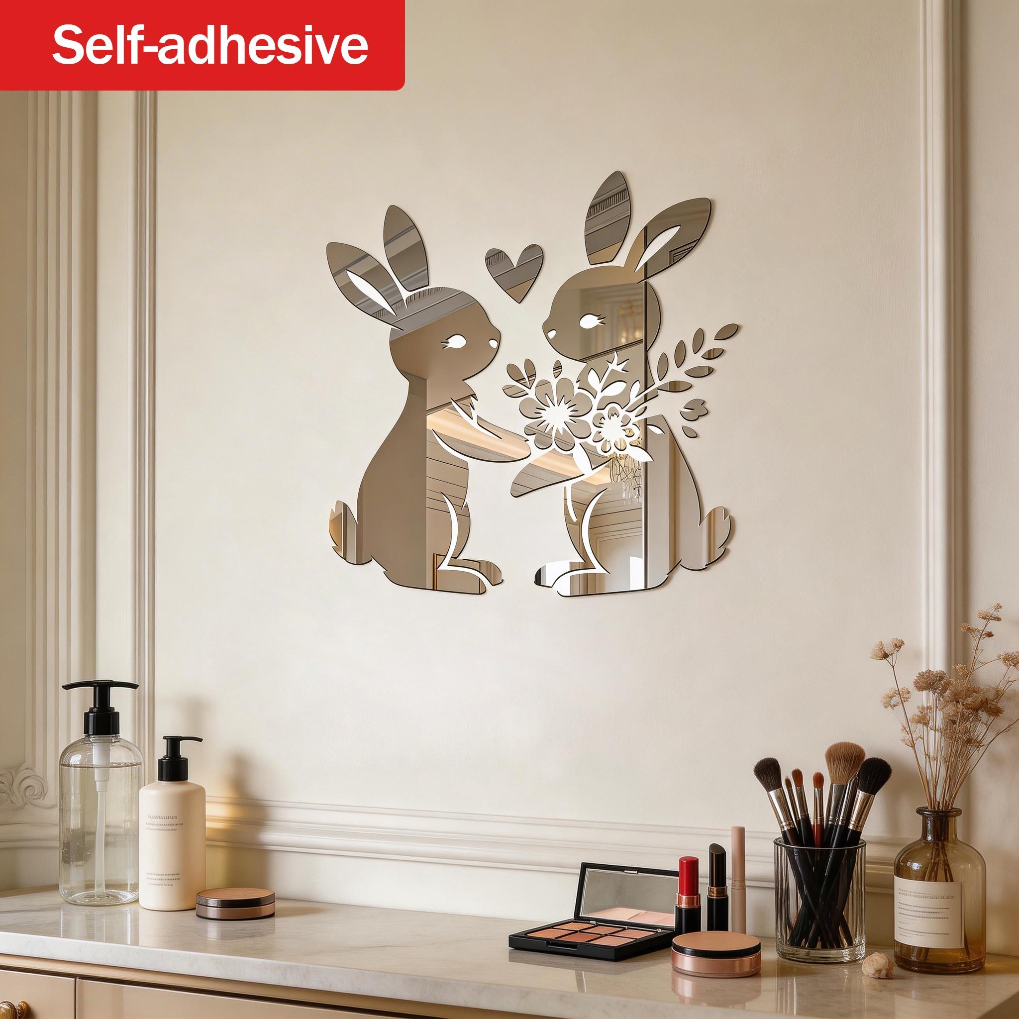 Floral Rabbit Heart Mirror Wall Hanging Makeup Mirror, Decorative Wall Mirror for Living Room Bedroom, Creative Gift Idea