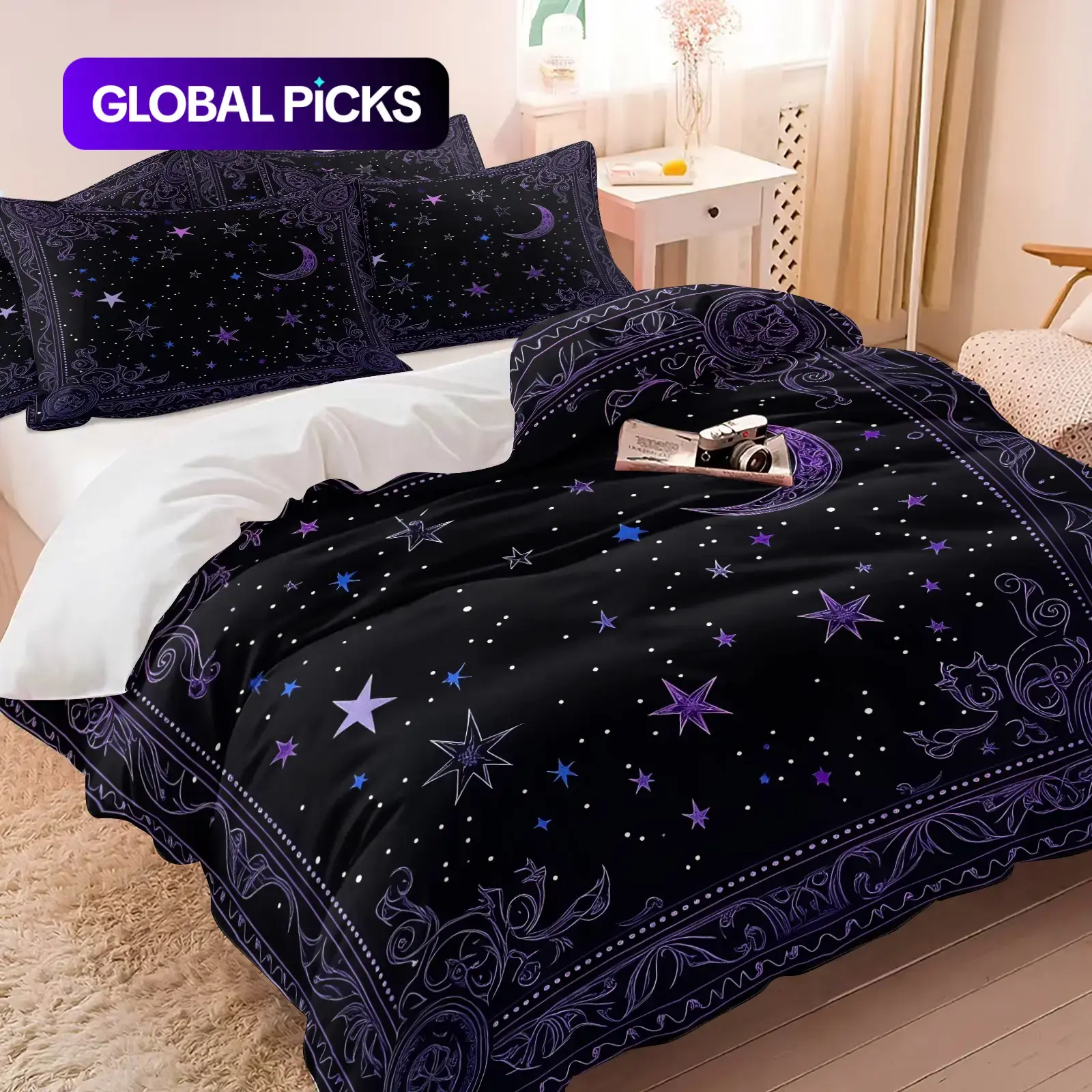 2/3Pcs Purple Celestial Moon Star Decorative Duvet Cover Set Soft Microfiber Vintage Ornate Border Galaxy Night Sky Print Bedding Mystic Witchy Bed Cover No Comforter For Gothic Bedroom Decor