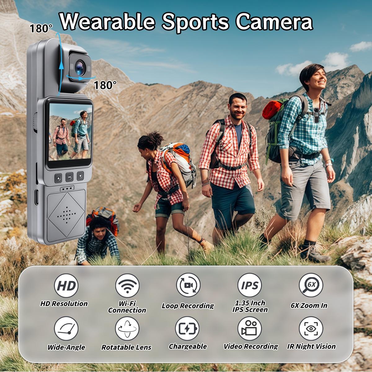 High-Definition 180° Rotating Lens Portable Sports Camera, 6x Digital Zoom, Wide Angle, Wireless Transmission, Night Vision, Loop Recording
