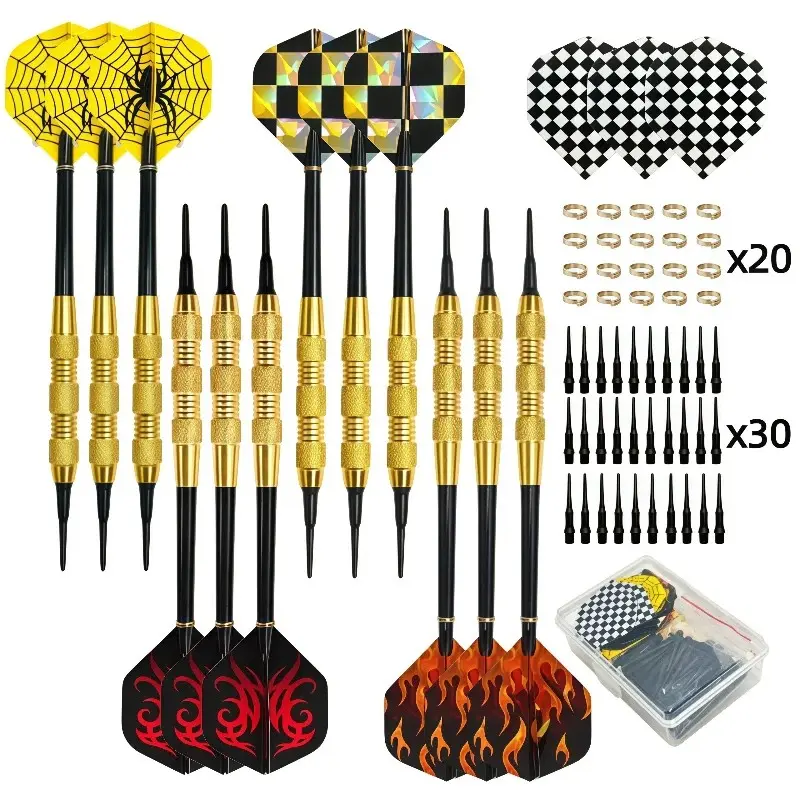Professional Soft Dart Set, 12 Pieces, Grip, Multicolor Pet & Laser Wings, 20 Steel Rings, 30 Replaceable Needles, Transparent Box Included, Soft Tip Darts