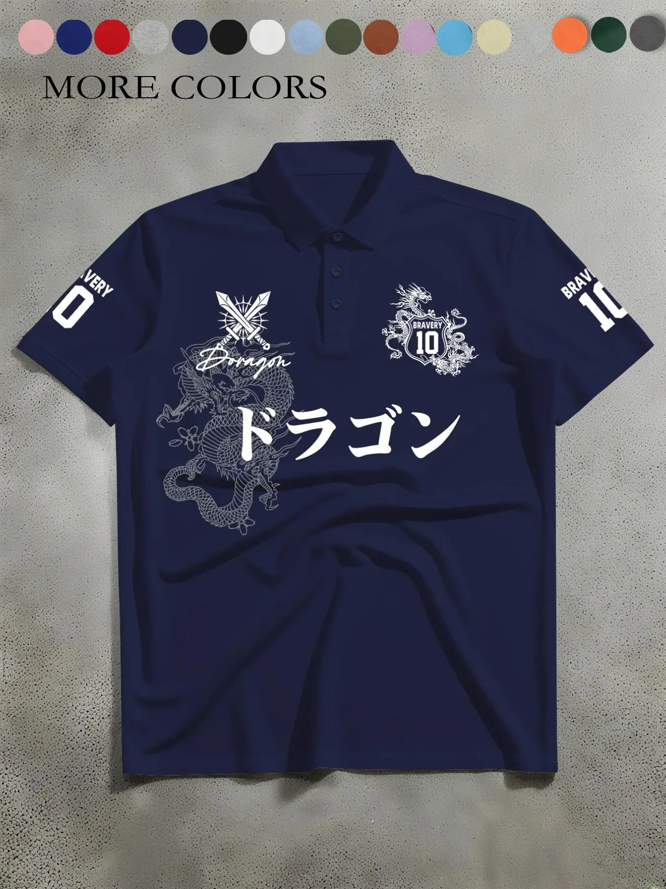 Men’s American casual street style polo shirt with short sleeves, featuring Japanese-style line drawings of auspicious dragons and Japanese numeric sleeve prints. Perfect for everyday commuting and casual wear.