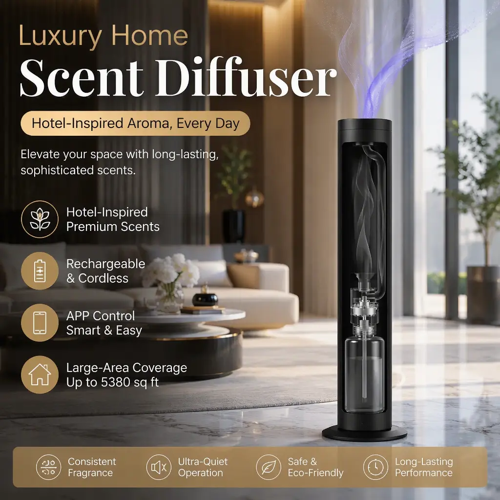 Hotel‑Grade Home Fragrance Diffuser, Rechargeable Extended Edition, APP Control, Wide Coverage up to 5380 sq ft, 8 Premium Oils Included