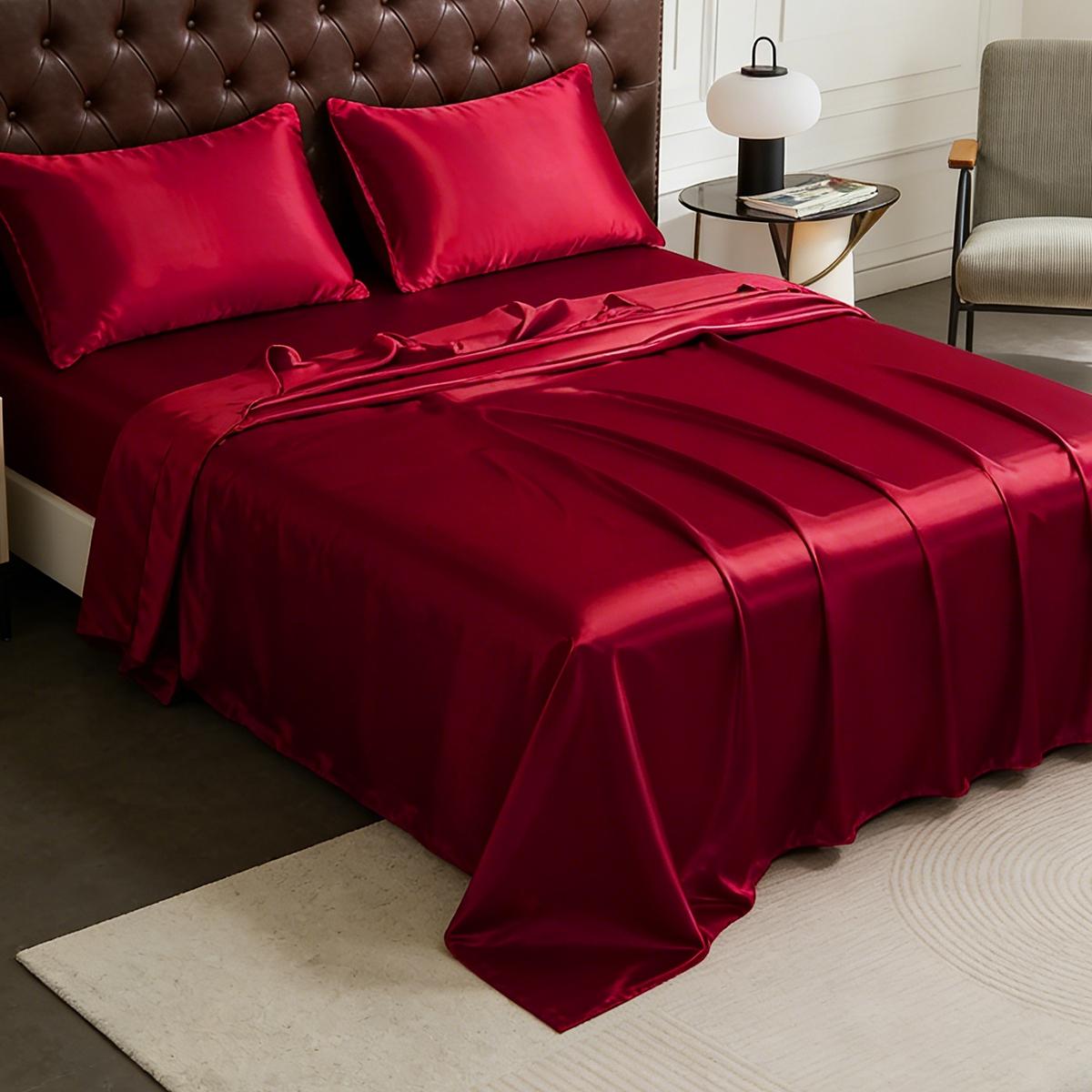 6-piece 100% polyester satin bed sheet set, including (1 fitted sheet + 1 flat sheet + 4 pillowcases), complete bedding set, solid color, machine washable - bedroom essentials, suitable for single, double, king, and queen size beds.