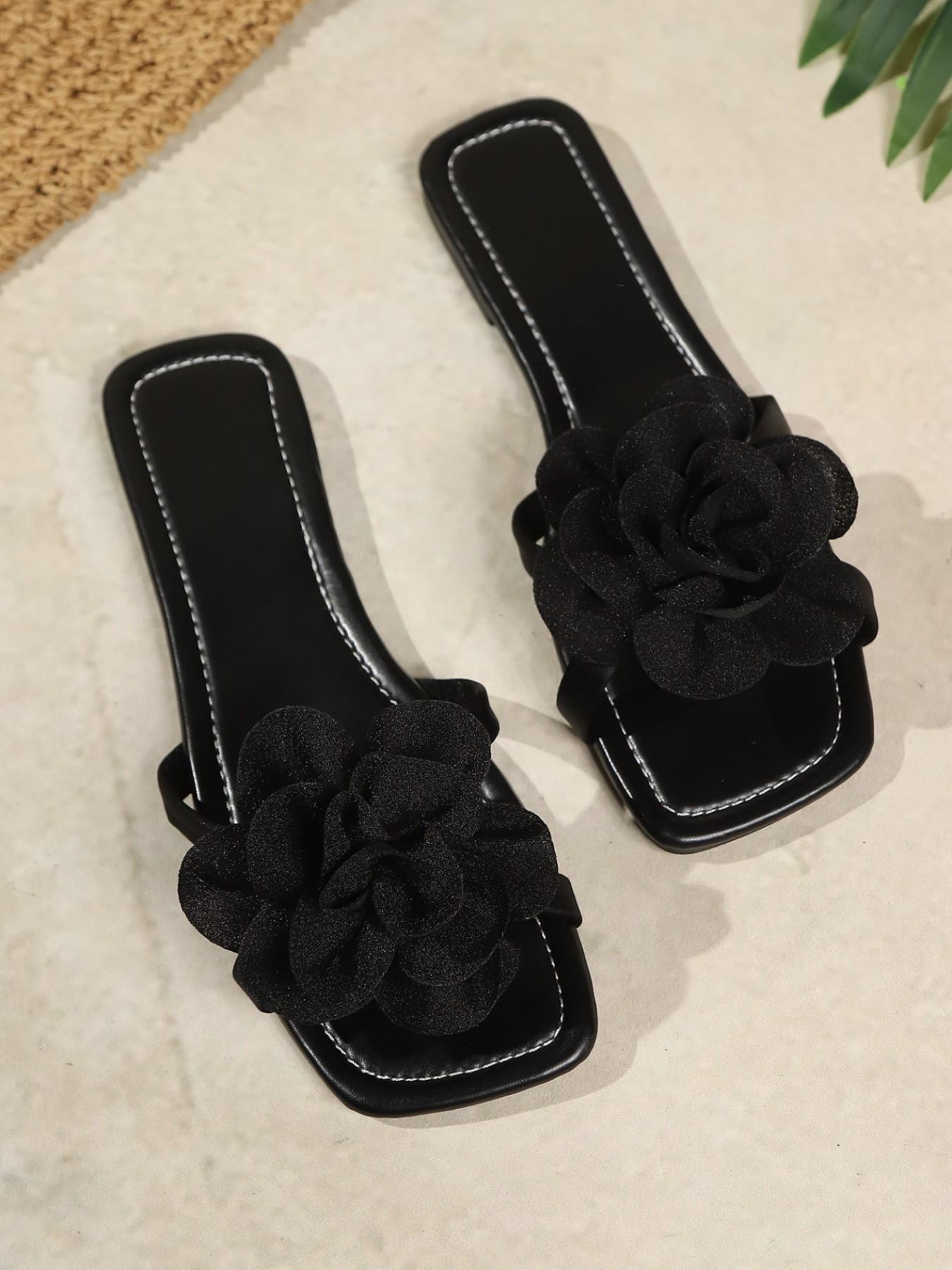 Summer 2026 New Square Toe Flower Sandals, Large Size Beach Slippers, Boho Style, Rubber Sole, Medium Width, All Seasons