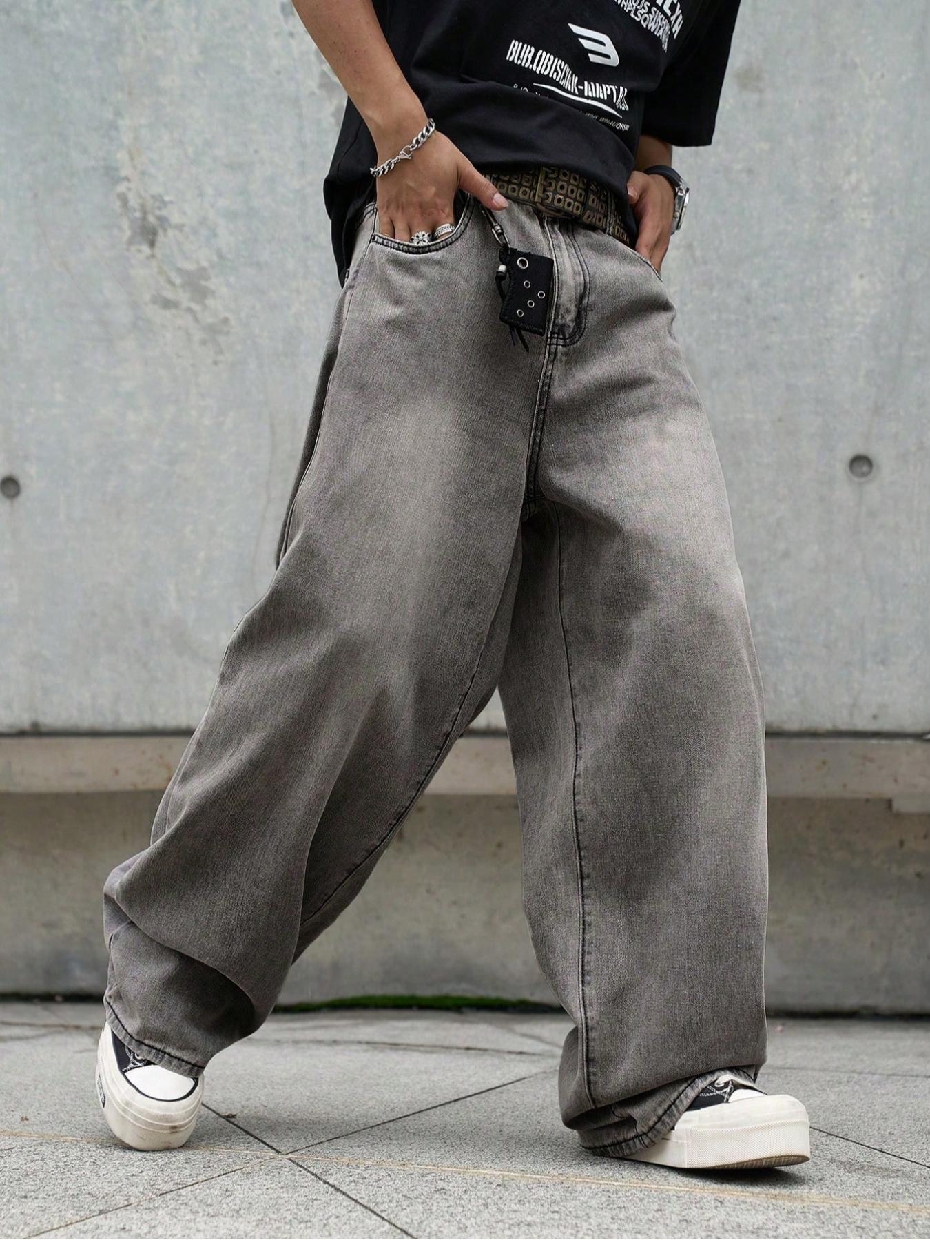 1 Piece Men's Dark Gray Casual Streetwear Fashion Loose Straight-Leg Jeans. Solid-Color Plain Dark Washed Gray Loose Denim Pants, Perfect for Men's Daily Wear.