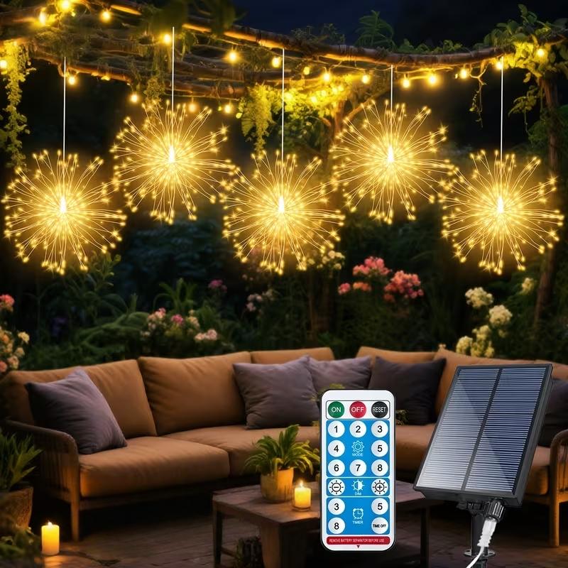 Smart Solar Hanging Firework Lights, 5-Piece Set, 8 Modes with Remote Control, Copper Wire Lanterns, Garden Decor, Celebrations, Weddings