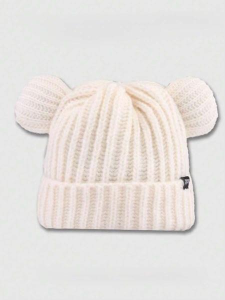 Women's Animal Ear Knit Beanie Hat, Casual Letter Patch Acrylic Warm Cap, Bear Shape Fitted Sweater Hat for All Seasons, Knitted Winter Hat