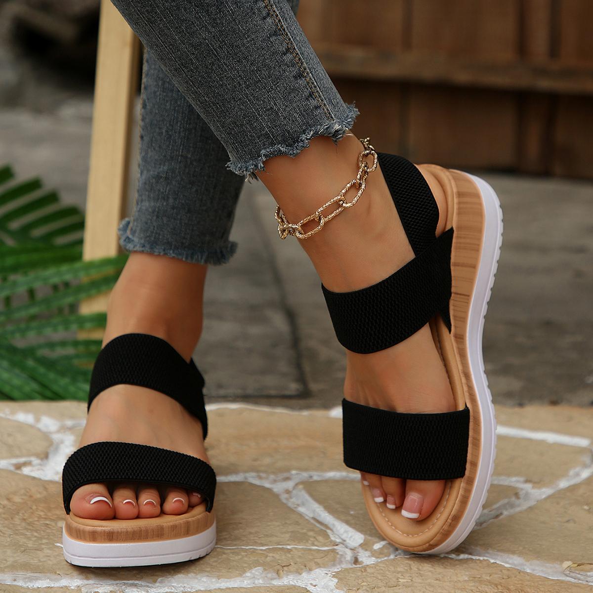 Minimalist Stretchy Strap Slingback Wedge Sandals, Layer Platform Everyday Summer Footwear for Women, Strappy Wedge Sandals