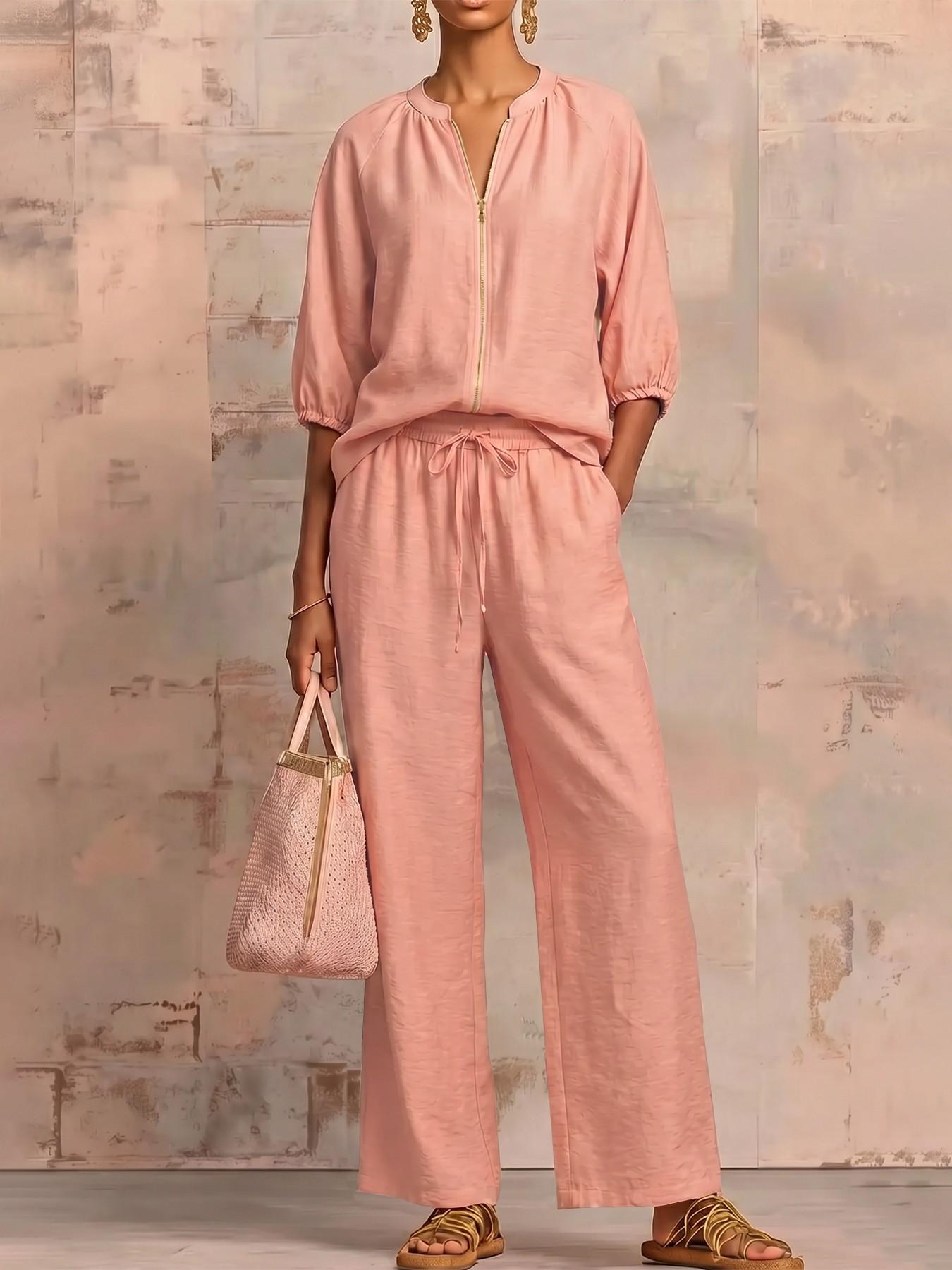 Minimalist Textured Matching Suit, Front Zip Blouse, Loose-Fit Casual for All Seasons, Adult Women's Clothing Set，loungewear set ，Vintage Casual Co-ord Outfit, Soft comfy fabric, skin-friendly, Casual Lounge Sets