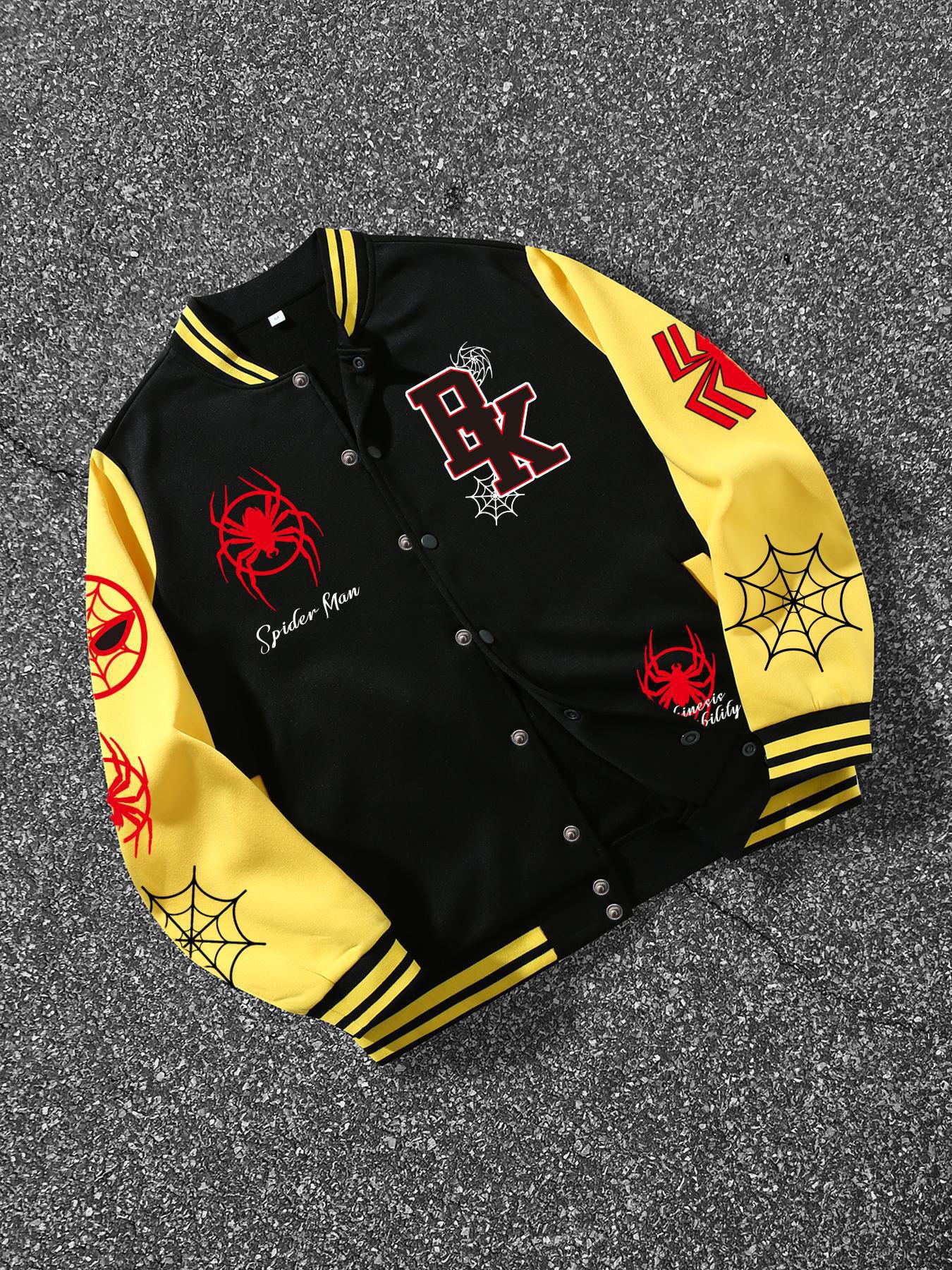 Spider-Man Street Style Baseball Jersey Jackets, Patchwork Sleeves, Full Spider Logo, Fitted Design, Fall & Winter Fashion
