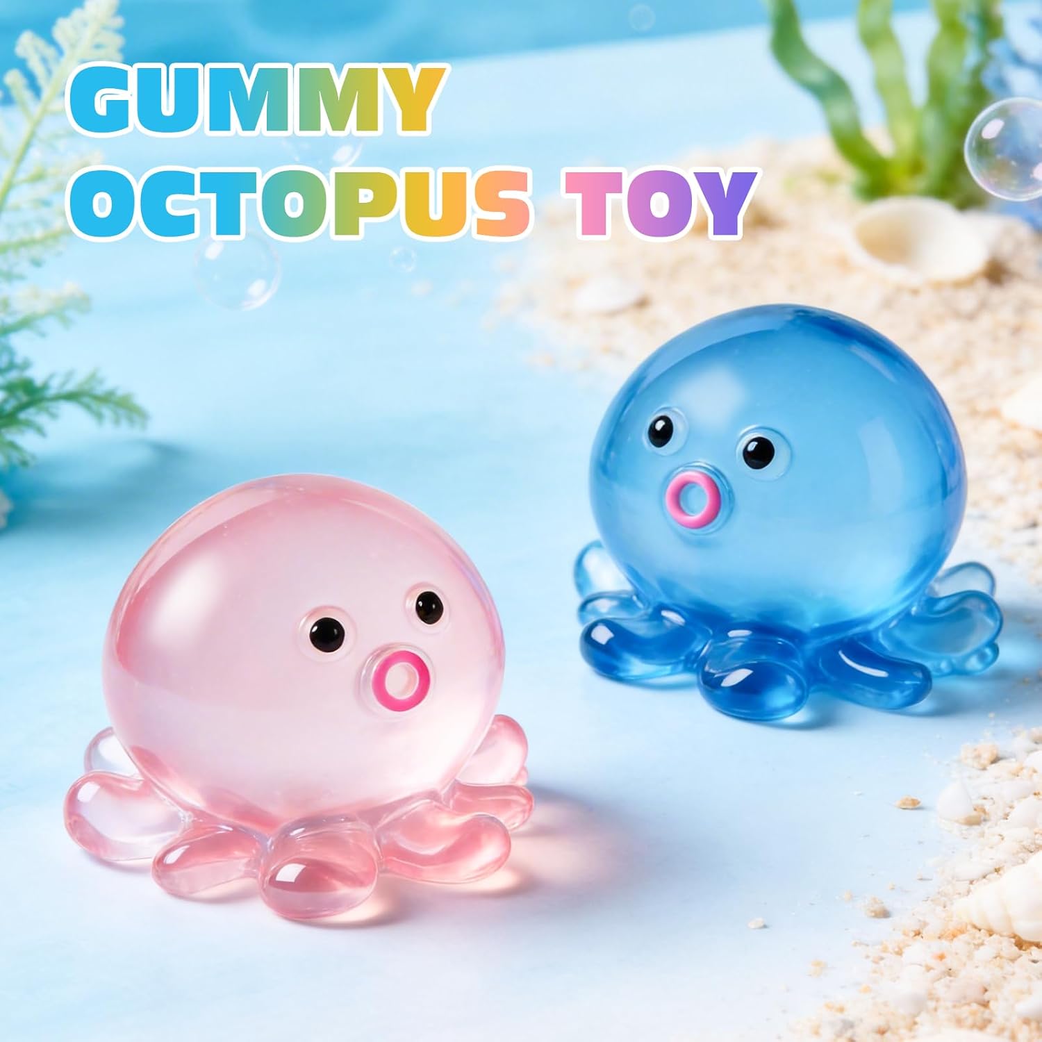 Jelly Squishy Fidget Toy Pack, 4Pcs Pink Glitter Transparent TPR Stretchable Squeeze Toys, Apple Dachshund Octopus Ball Sensory Toys, Stress Anxiety Relief Gift for Kids & Adults